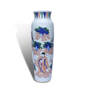 Qing Dynasty Shunzhi period, Blue-and-white wucai cylindrical vase with Eight Immortals