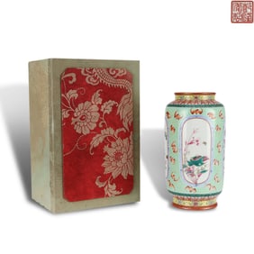 Qing Dynasty Qianlong period, Green-ground famille rose lantern-shaped vase with reserved seasonal