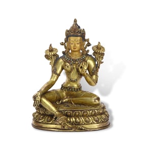 Qing Dynasty Gilt-bronze Green Tara statue inlaid with precious stones