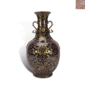 Qing Dynasty Qianlong period, Ji blue-glazed gilded ruyi-ear vase with interlocking lotus and Eight