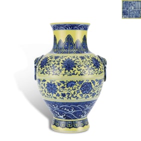 Qing Dynasty Qianlong period, Yellow-ground blue-and-white zun with animal-mask handles and