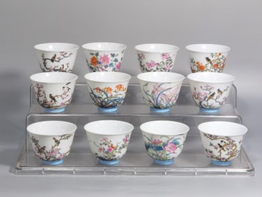 A SET OF TWELVE FLOWER GODDESS ENAMEL CUPS FROM THE YONGZHENG PERIOD OF THE QING DYNASTY