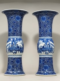 BLUE AND WHITE PORCELAIN WITH LOTUS SCROLL DESIGN AND FIGURES AND MUSHROOMS, MADE DURING THE KANGXI