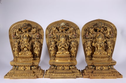 GILT BRONZE THREE BUDDHAS OF THE MING DYNASTY