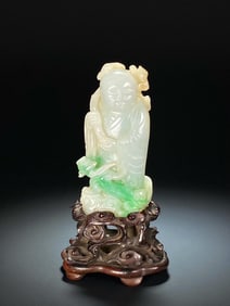 OLD MINE GREEN JADEITE ORNAMENT WITH LINGZHI FAIRY CHILD AND CLOUD DRAGON PATTERN