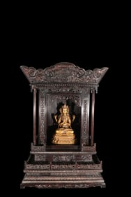 GOLD-PLATED BRONZE BUDDHA IN A SANDALWOOD SHRINE