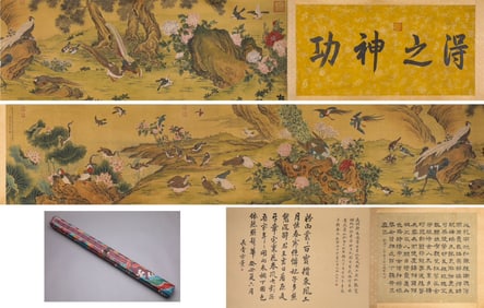 JIANG TINGXI'S EXQUISITE LONG SCROLL OF FLOWERS AND BIRDS
