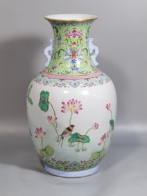 MADE BY SHENDETANG, FAMILLE ROSE ENAMEL DOUBLE-EARED VASE WITH A SCENE OF PEACE AND PROSPERITY