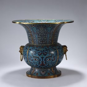 COPPER-BODIED CLOISONN? ENAMEL ANIMAL MASK DOUBLE-RING HANDLE VASE