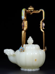 HETIAN JADE AND SILVER GILDED EWER WITH RAM'S HEAD HANDLE