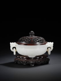 HETIAN WHITE JADE DRAGON-EAR MOVABLE RING INCENSE BURNER