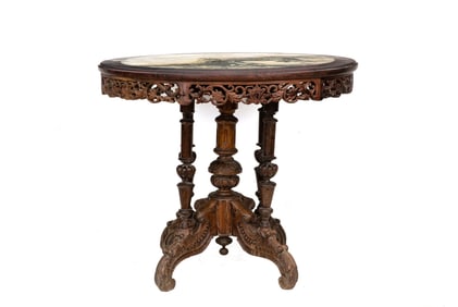 ROSEWOOD ROUND TABLE INLAID WITH MARBLE