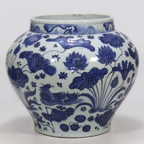 YUAN DYNASTY BLUE AND WHITE LOTUS AND MANDARIN DUCK JAR