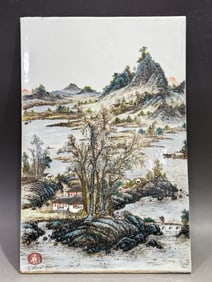 QING DYNASTY FAMILLE ROSE LANDSCAPE PORCELAIN PLAQUE