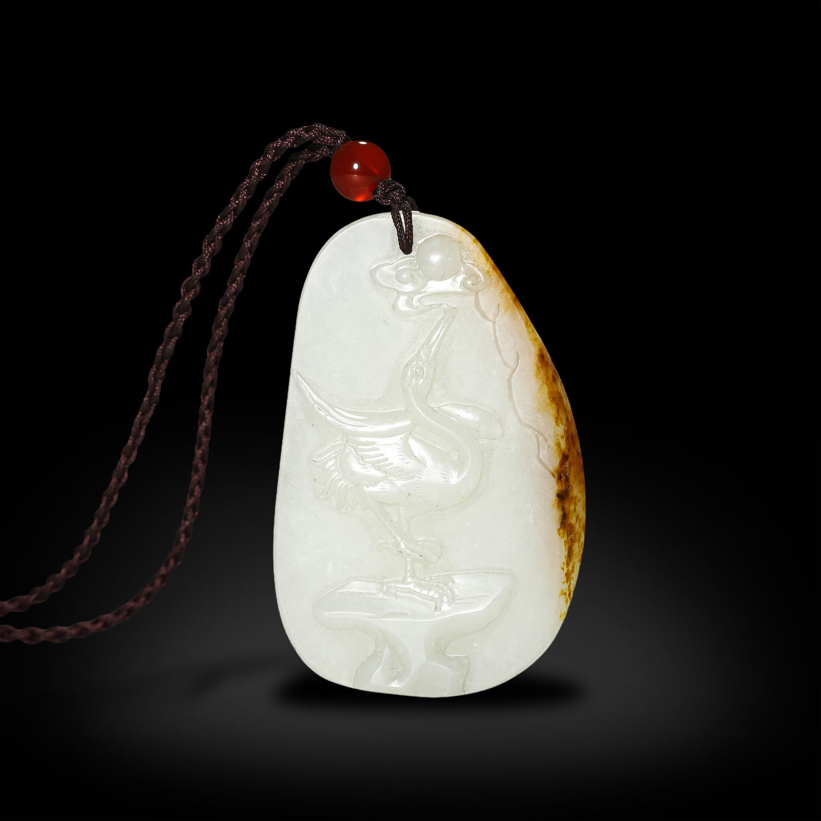 Qing Dynasty Hetian white jade plaque carved with crane and floral (1 of 4)