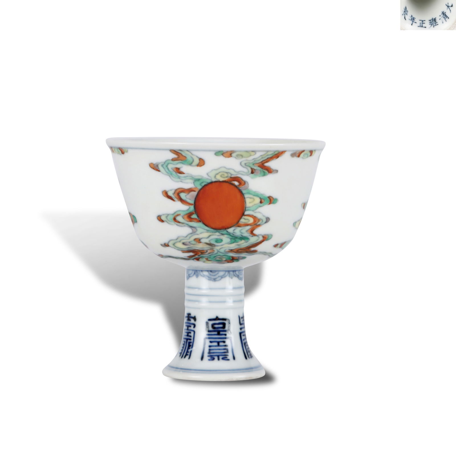 Qing Dynasty Yongzheng period, Doucai stem cup with "sun rising over the square" patterns: Name Qing Dynasty Yongzheng period, Doucai stem cup with "sun rising over the square" patterns Dimensions H:8.7cm D:8.3cm Condition Additional photographs and condition reports are