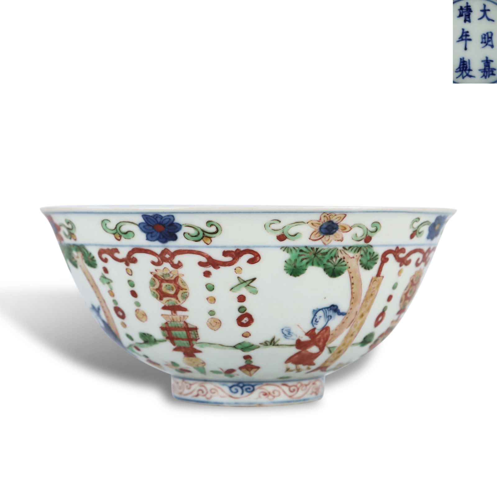 Ming Dynasty Jiajing period, Blue-and-white wucai bowl with "abundant harvest" (1 of 6)