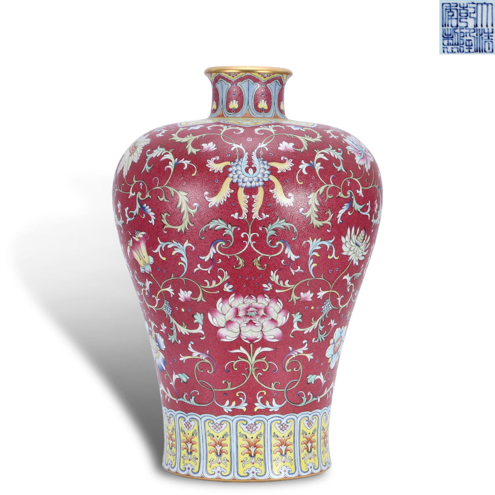 Qing Dynasty Qianlong period, vermilion red ground, stamped brocade pattern, painted in underglaze (1 of 6)