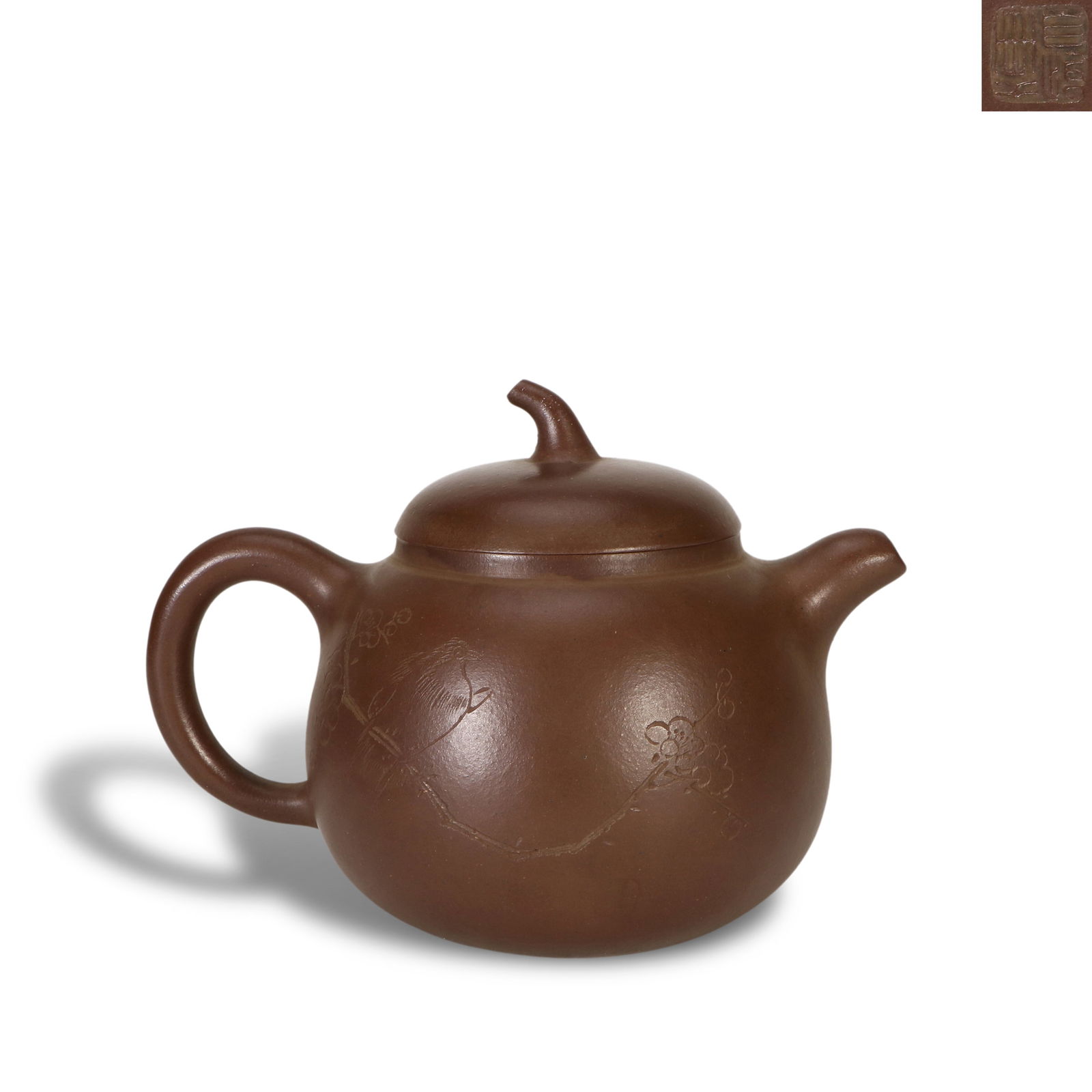 Yixing clay teapot with flower-bird and poetic inscriptions, made by Gu Jingzhou (1 of 4)