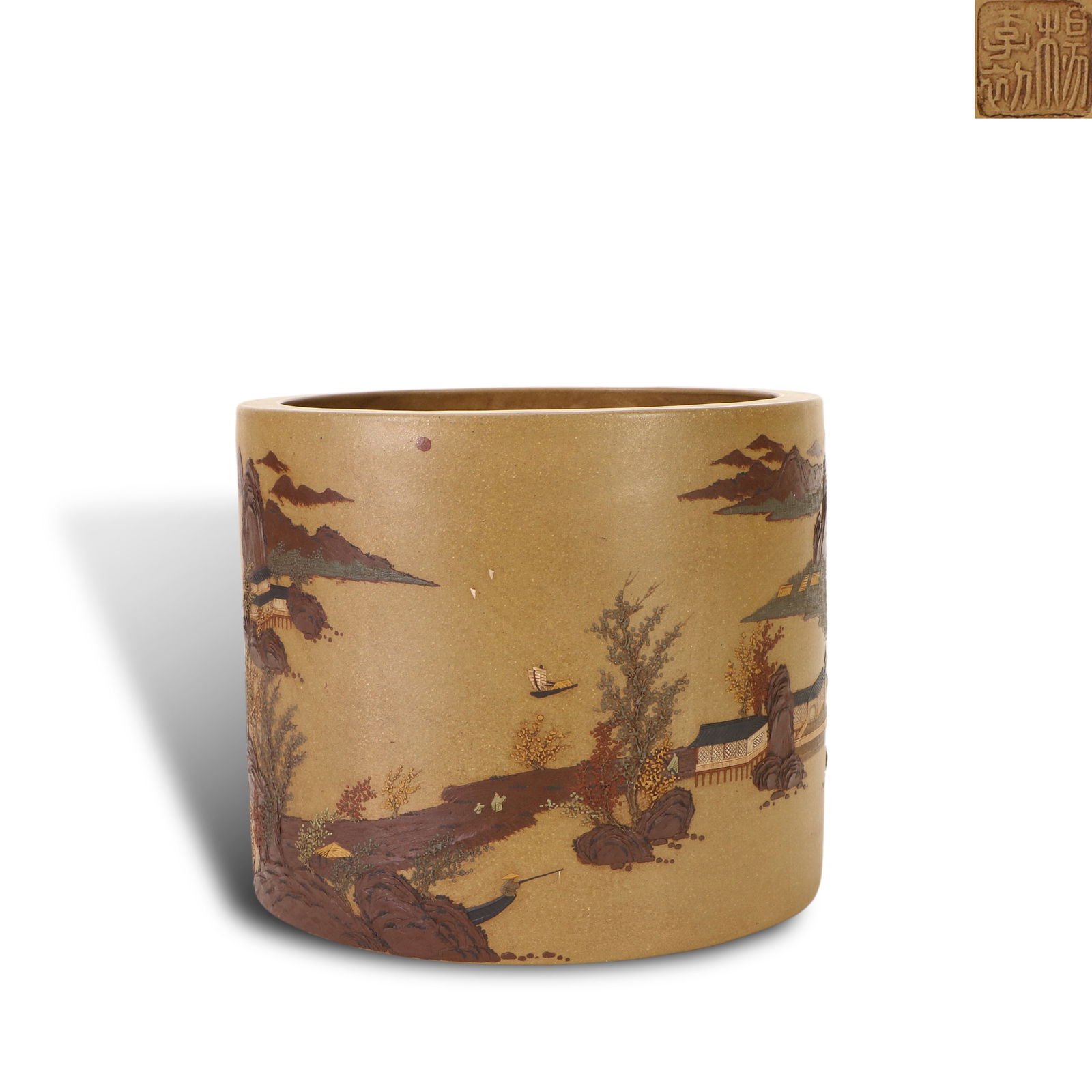 Qing Dynasty Yixing clay brush pot painted with landscape in polychrome clay and poetic (1 of 5)