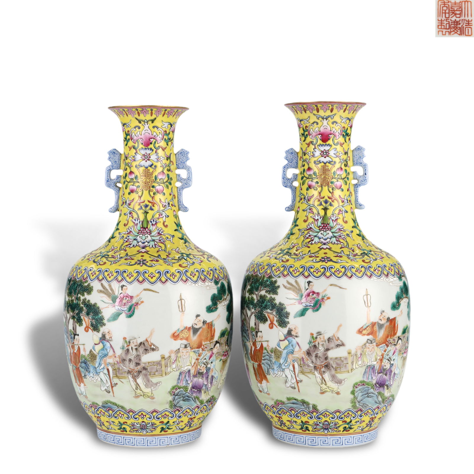 Qing Dynasty Jiaqing period, Yellow-ground famille rose double-ear vase with Immortals Celebrating a (1 of 6)