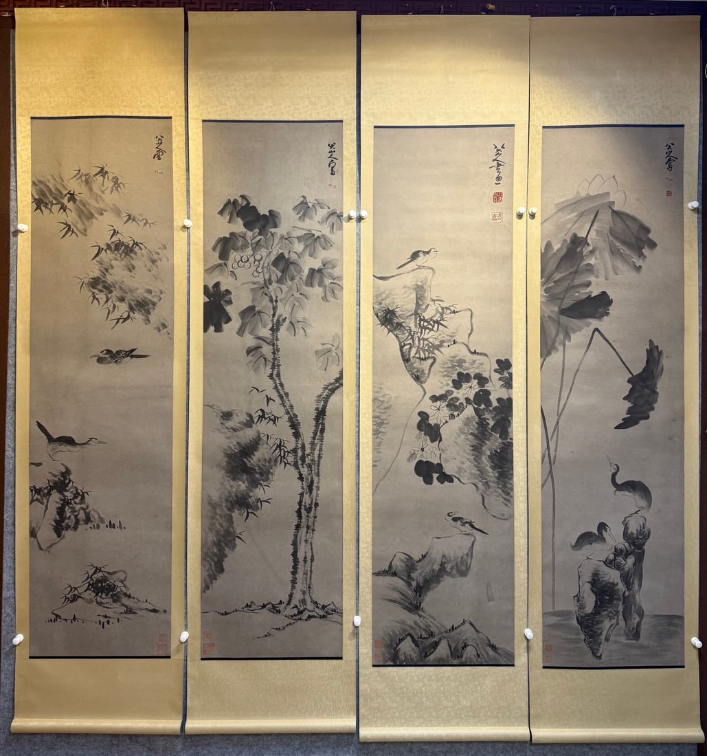 Bada Shanren Flowers and Birds (Four-Panel Screen Painting) (1 of 9)