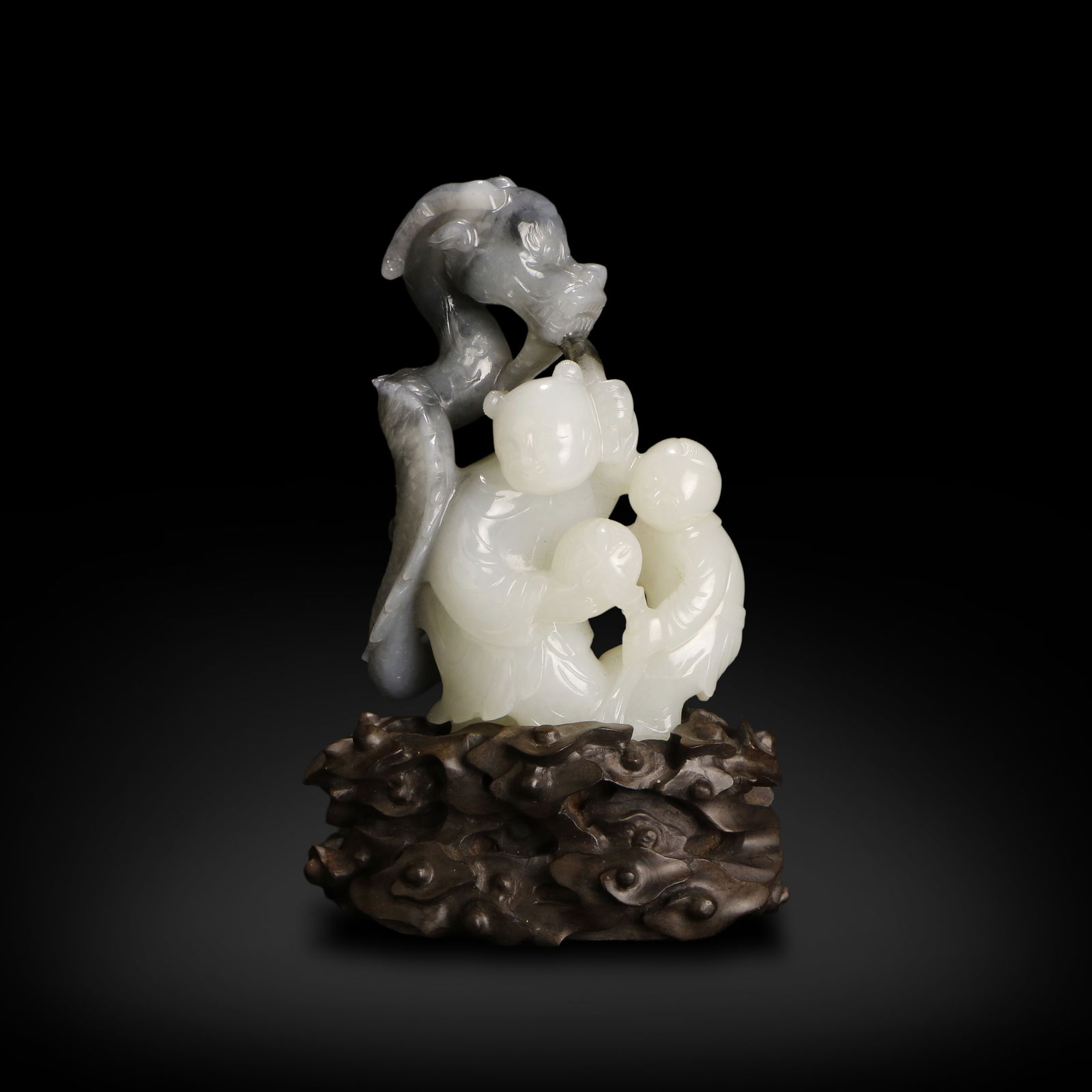 Qing Dynasty Hetian jade blue-and-white seed material cleverly carved ornament of boy playing with (1 of 4)