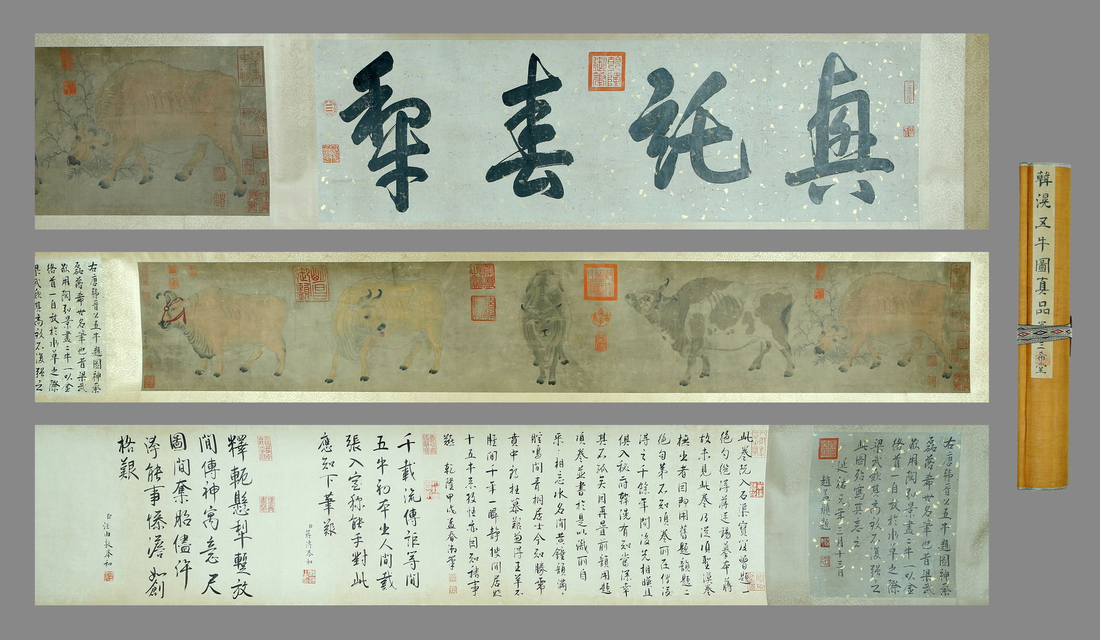 Han Huang: Five Oxen (Handscroll Painting): Name Han Huang: Five Oxen (Handscroll Painting) Dimensions 29*198cm Condition Additional photographs and condition reports are available upon request as a courtesy to our clients. An