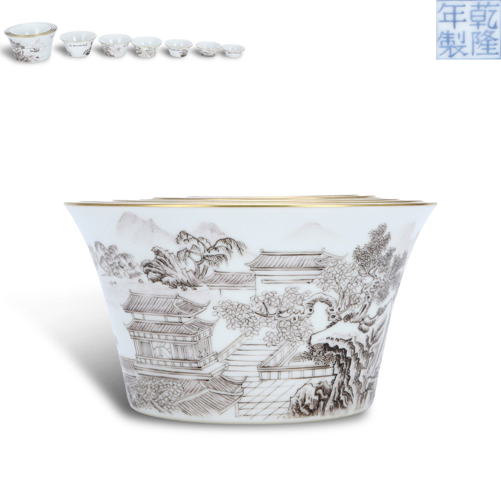 Qing Dynasty Qianlong period, Ink-color nested cups with "Ten Scenes of Jiangxi" (1 of 6)