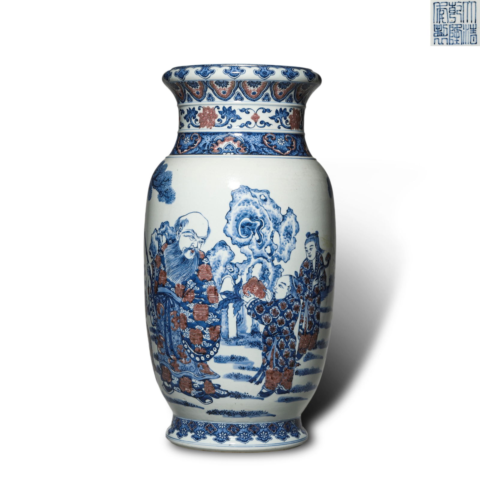 Qing Dynasty Qianlong period, Blue-and-white underglaze red lantern-shaped zun with "crane and deer (1 of 7)