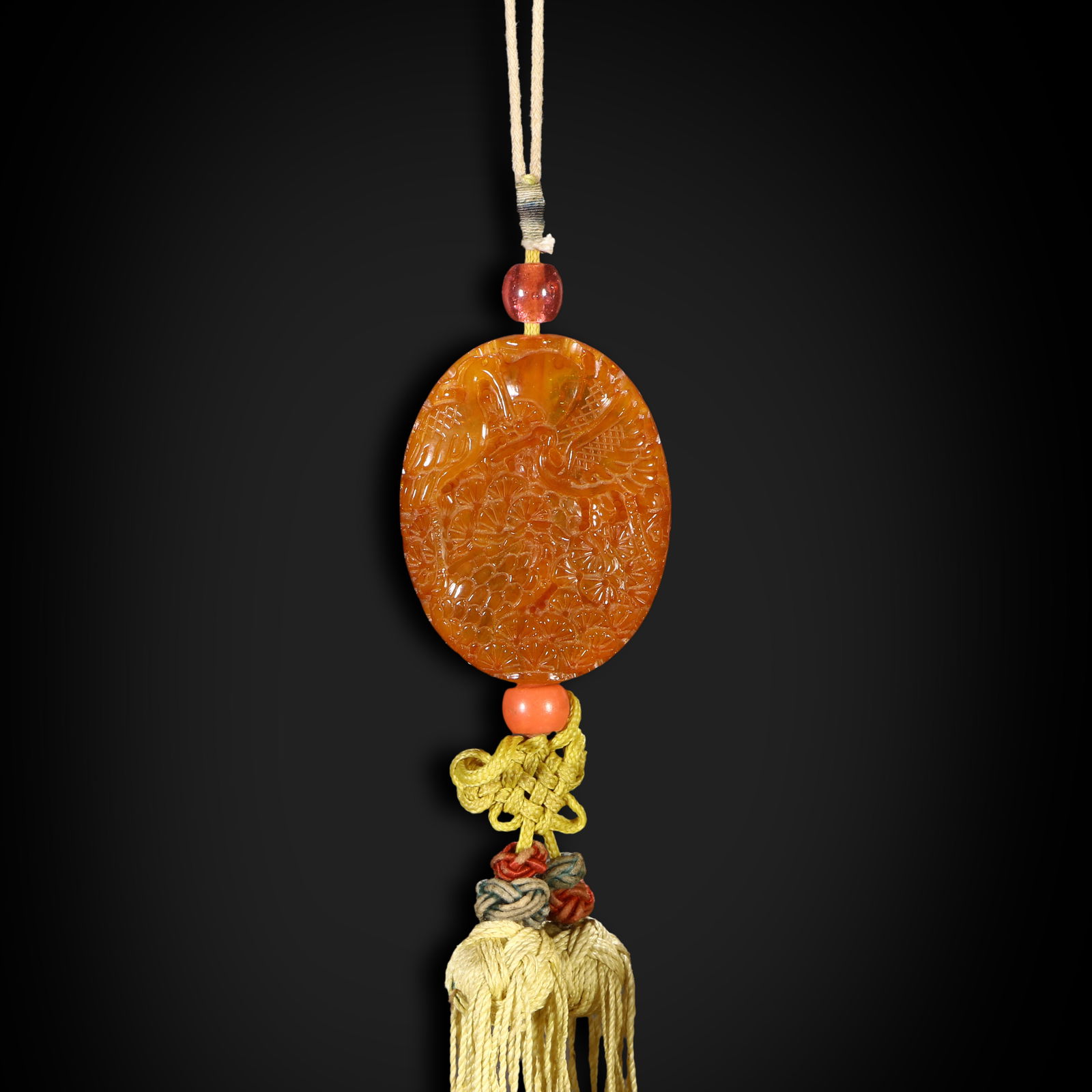 Qing Dynasty Amber plaque carved with "Crane and Deer for Eternal Spring" (1 of 4)