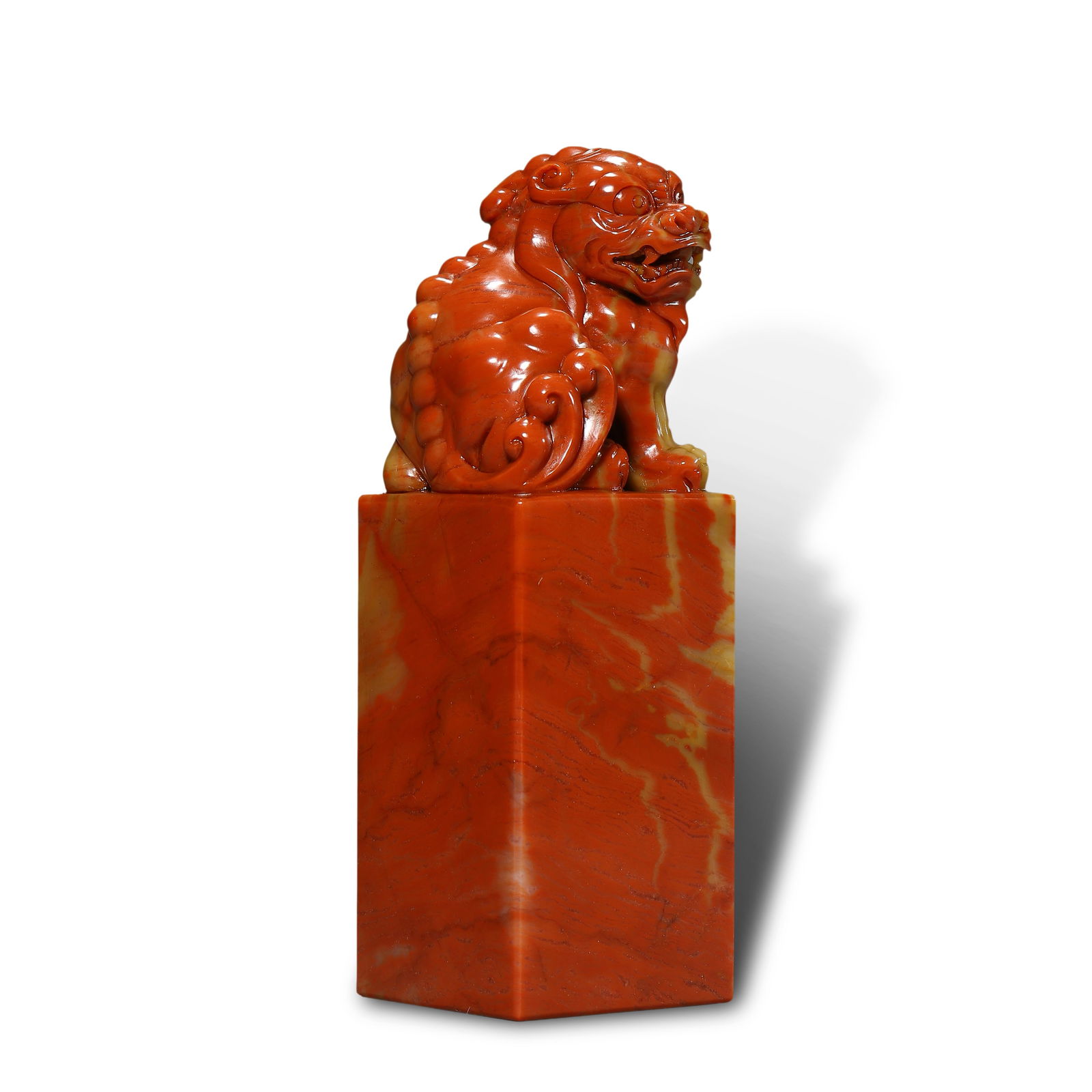 Qing Dynasty Chicken blood stone seal with lion knob: Name Qing Dynasty Chicken blood stone seal with lion knob Dimensions H:19cm W:6cm Condition Additional photographs and condition reports are available upon request as a courtesy to o