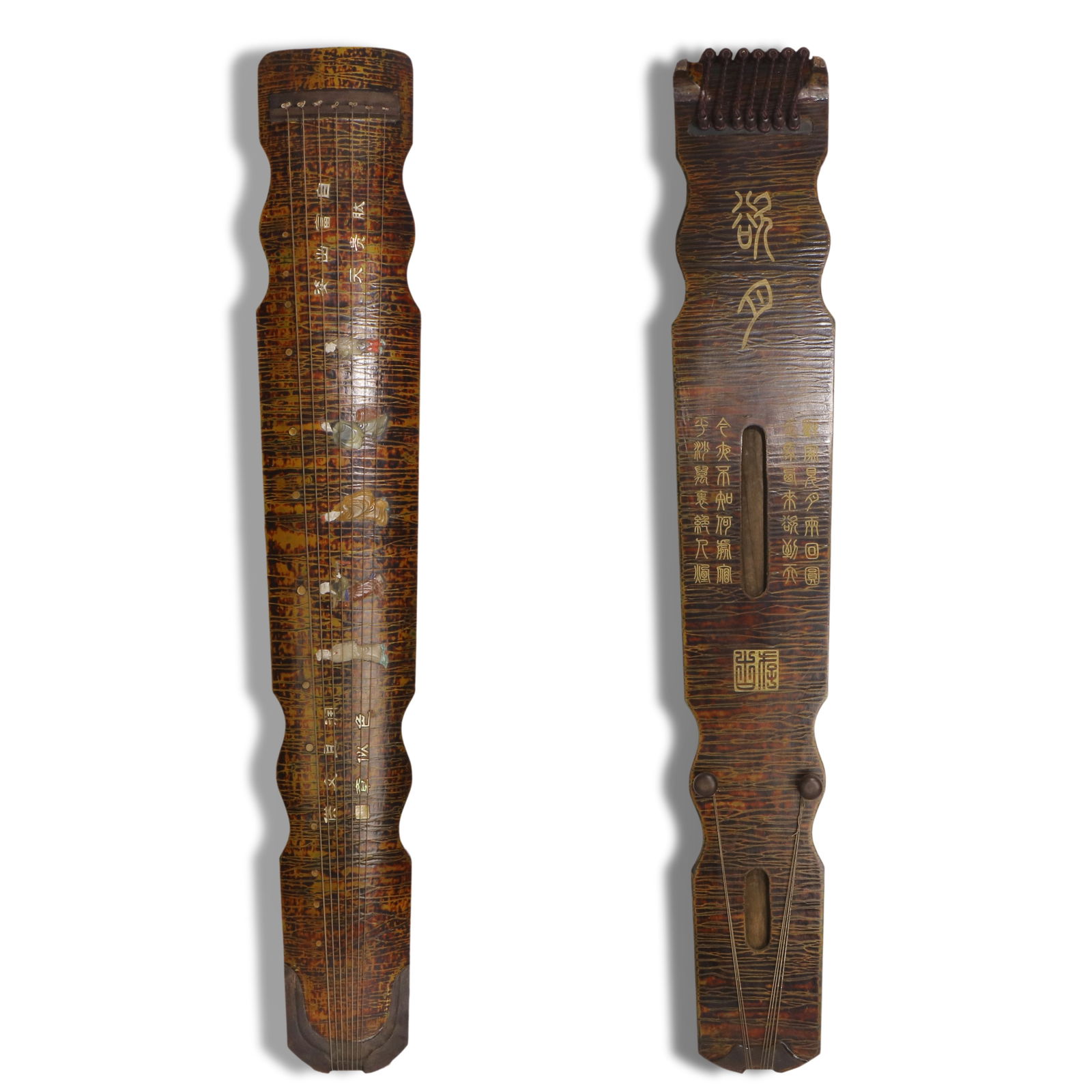 Qing Dynasty Lacquer guqin inlaid with various treasures, decorated with figure and poem patterns (1 of 10)