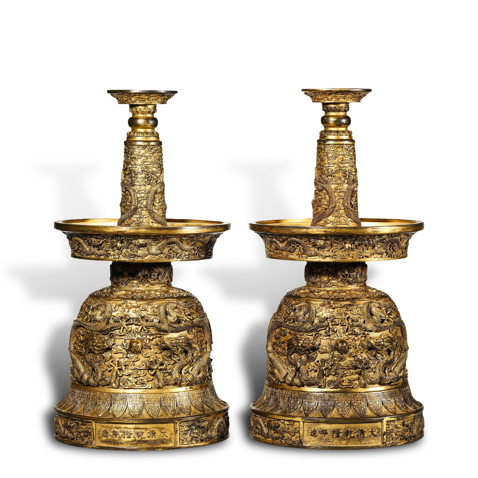Qing Dynasty Qianlong period, A pair of gilt-bronze candlesticks with relief dragon patterns (1 of 19)