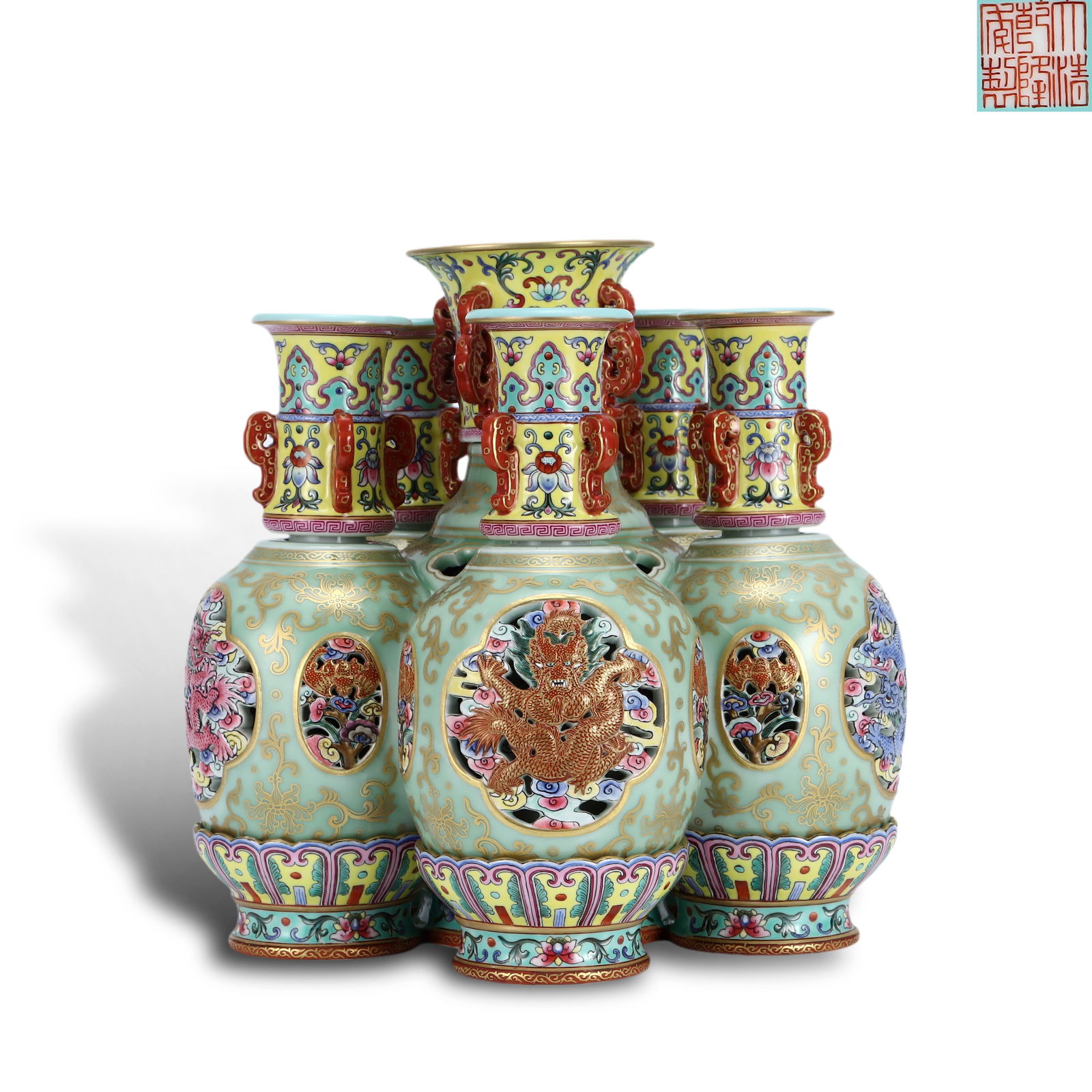 Qing Dynasty Qianlong period, Imperial foreign-color enameled gilded revolving vase with celadon: Name Qing Dynasty Qianlong period, Imperial foreign-color enameled gilded revolving vase with celadon ground Dimensions H:26cm W:27cm Condition Additional photographs and condition