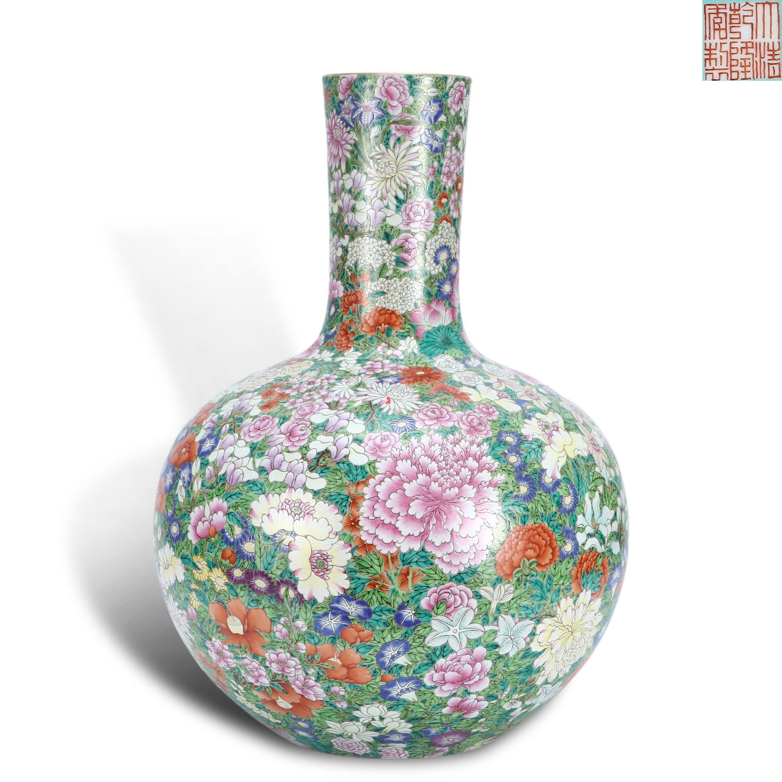Qing Dynasty Qianlong period, Famille rose celestial globe vase with "hundred flowers blooming" (1 of 6)