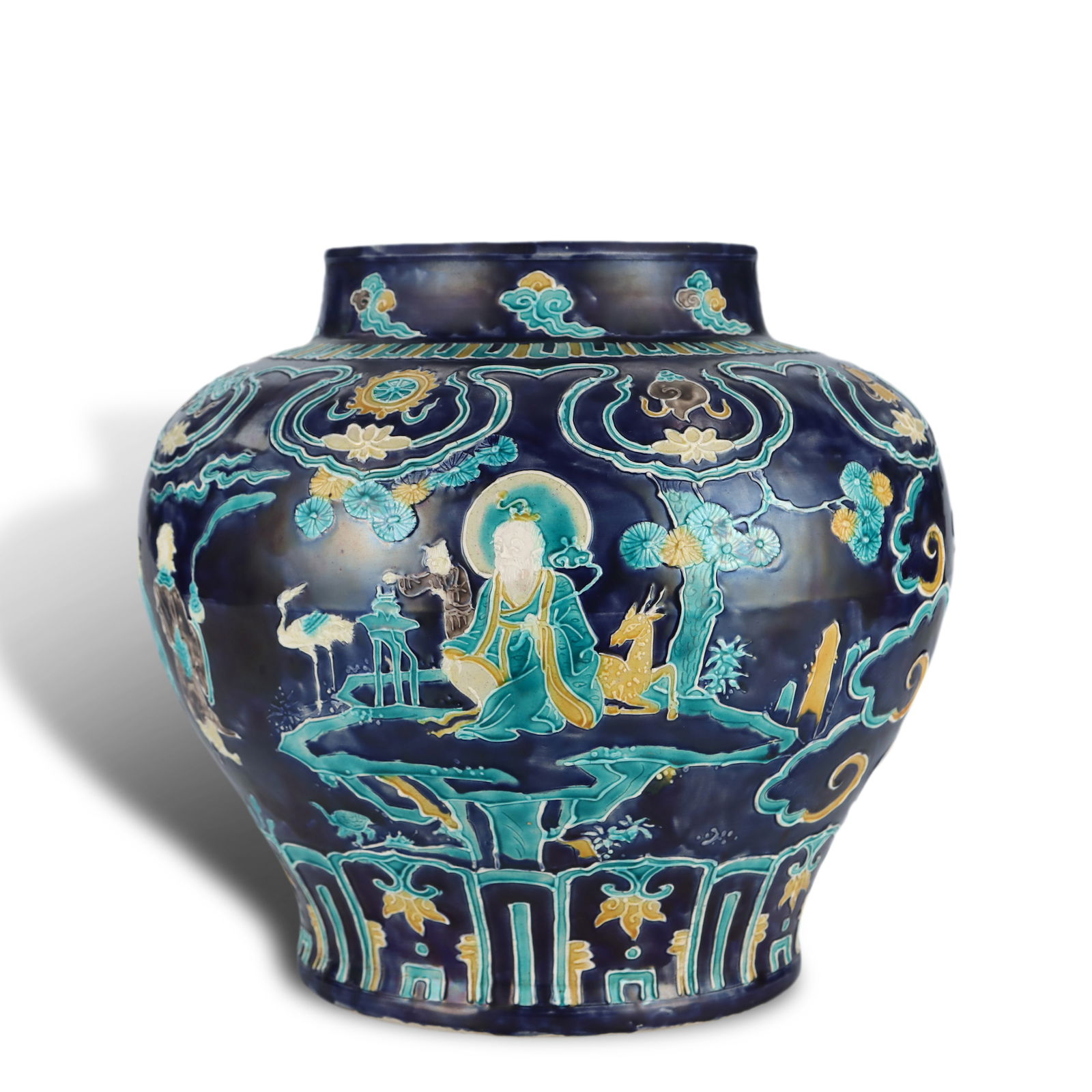 Ming Dynasty Fahua glazed jar with Eight Immortals: Name Ming Dynasty Fahua glazed jar with Eight Immortals Dimensions H:30.3cm D:33cm Condition Additional photographs and condition reports are available upon request as a courtesy t