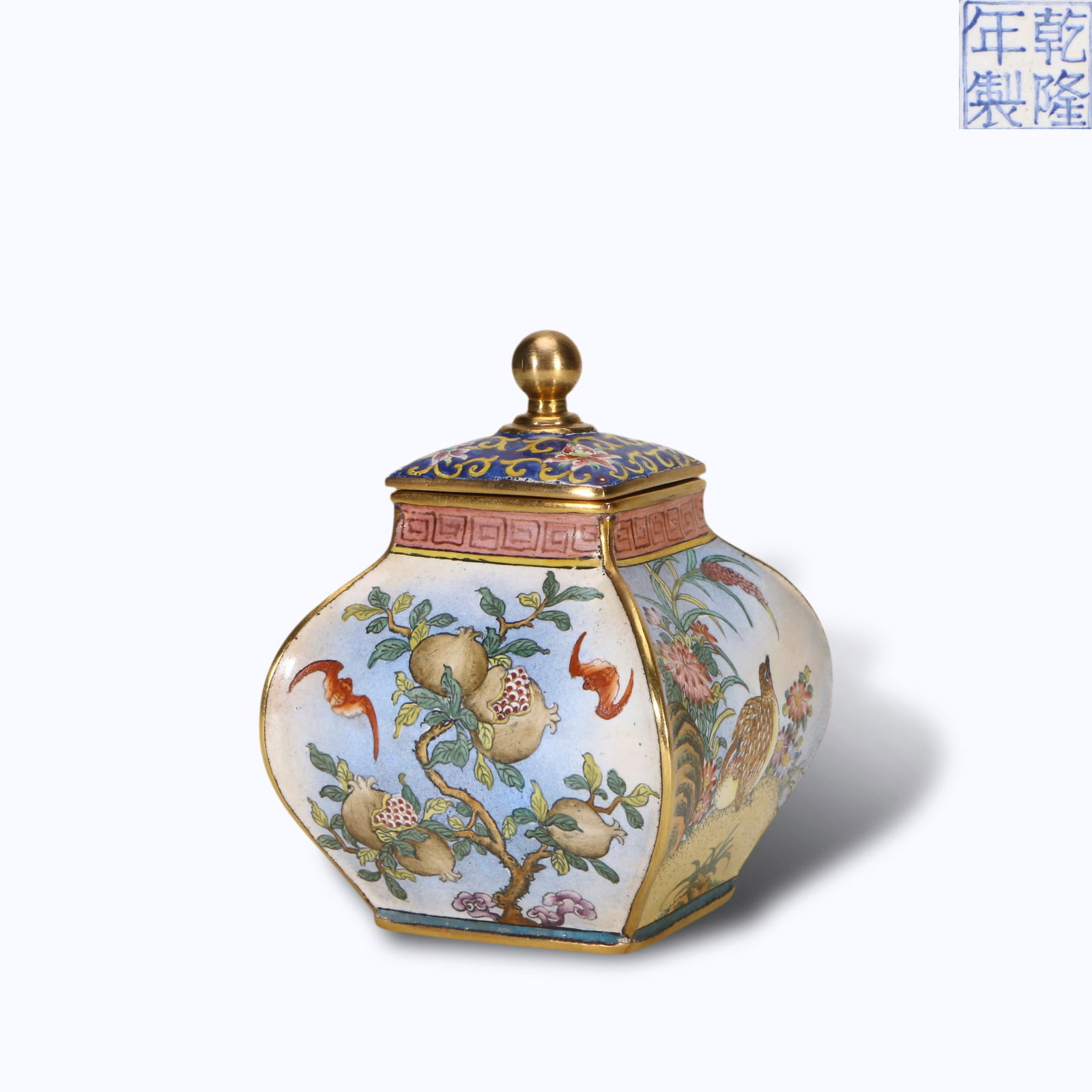 Qing Dynasty Qianlong period, Enamel-on-copper square covered jar with "Peaceful Life" (1 of 6)