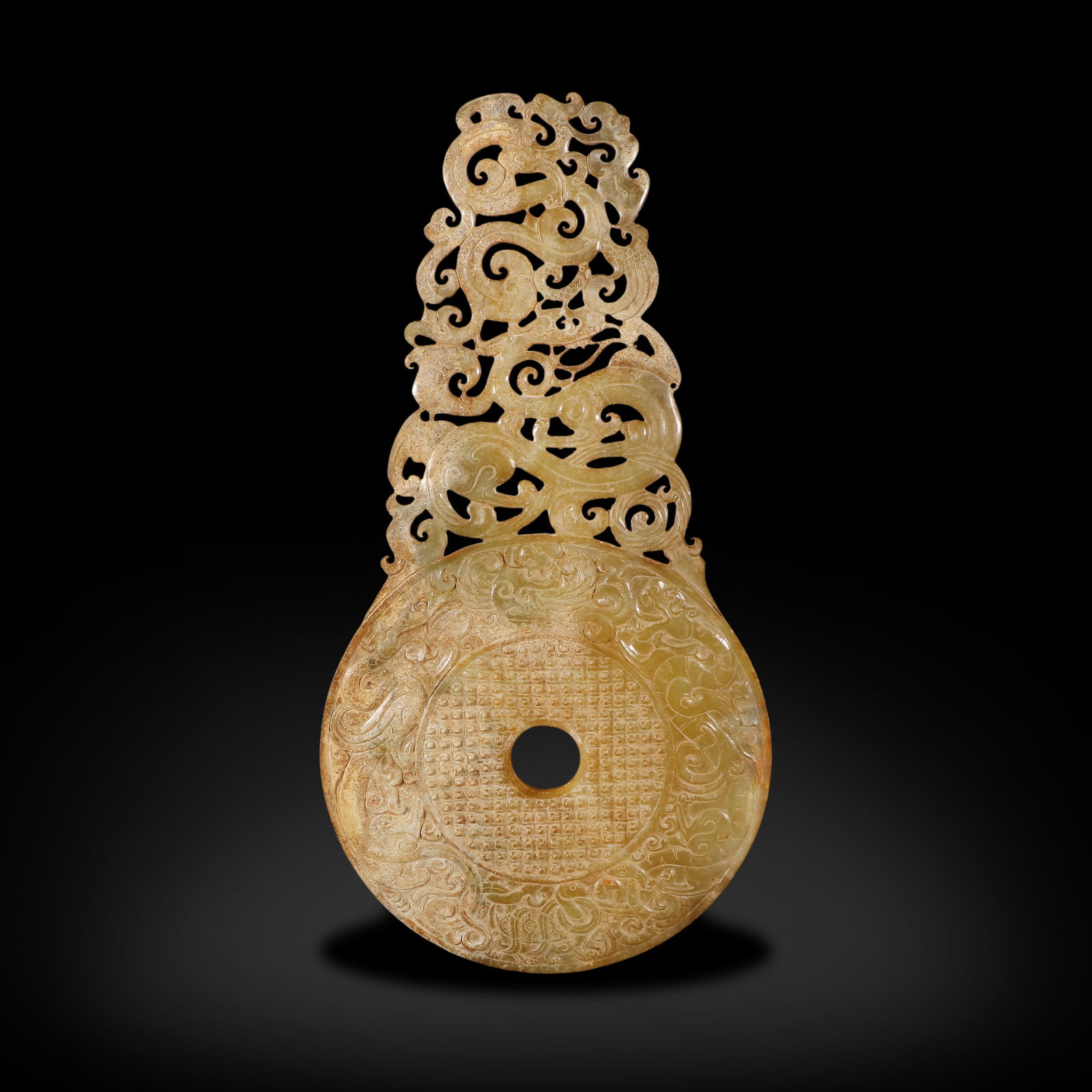 Han Dynasty Jade bi with dragon and phoenix patterns and protruding outer edge (1 of 4)