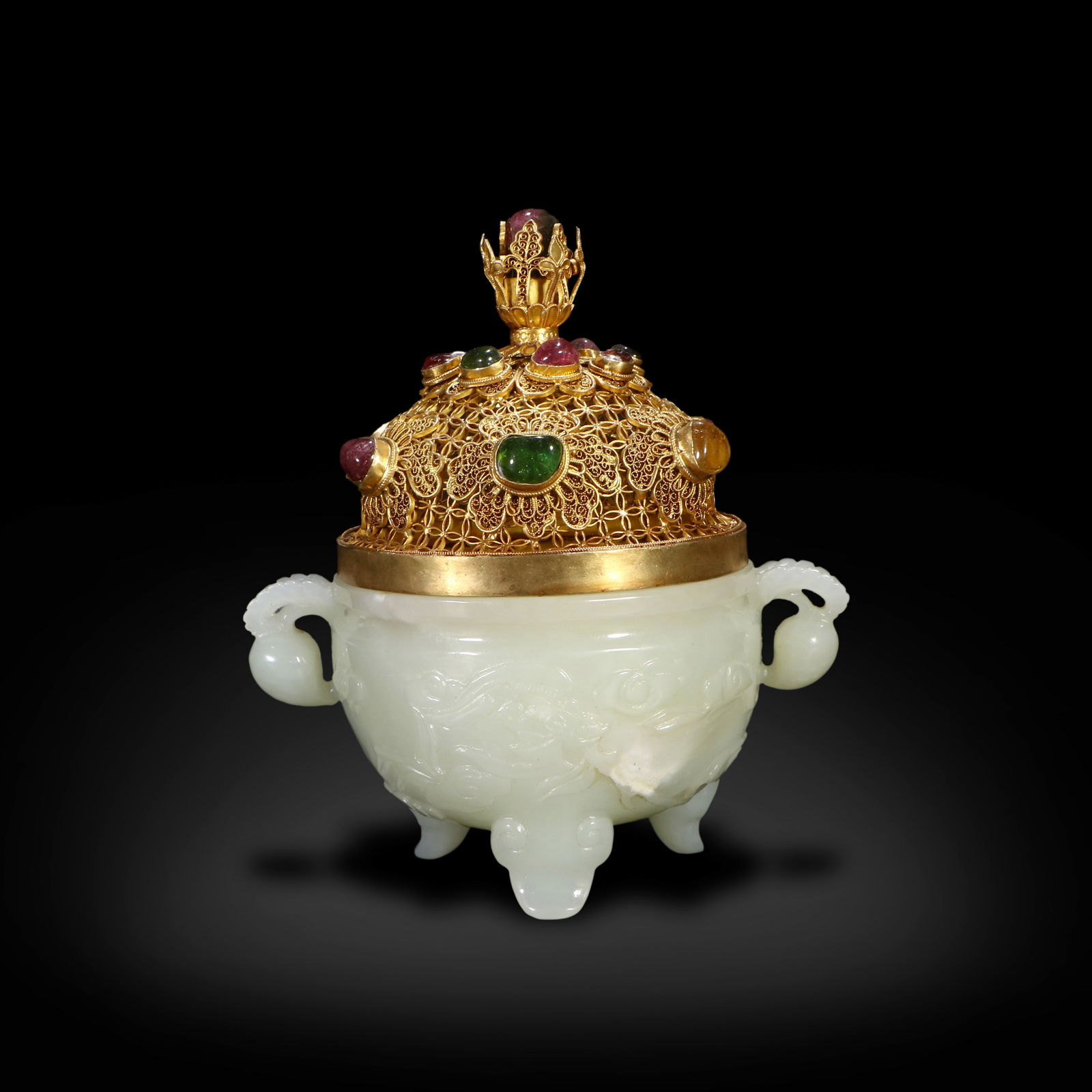 Qing Dynasty Hetian white jade three-footed censer carved with fortune-longevity, with gilded lid (1 of 5)