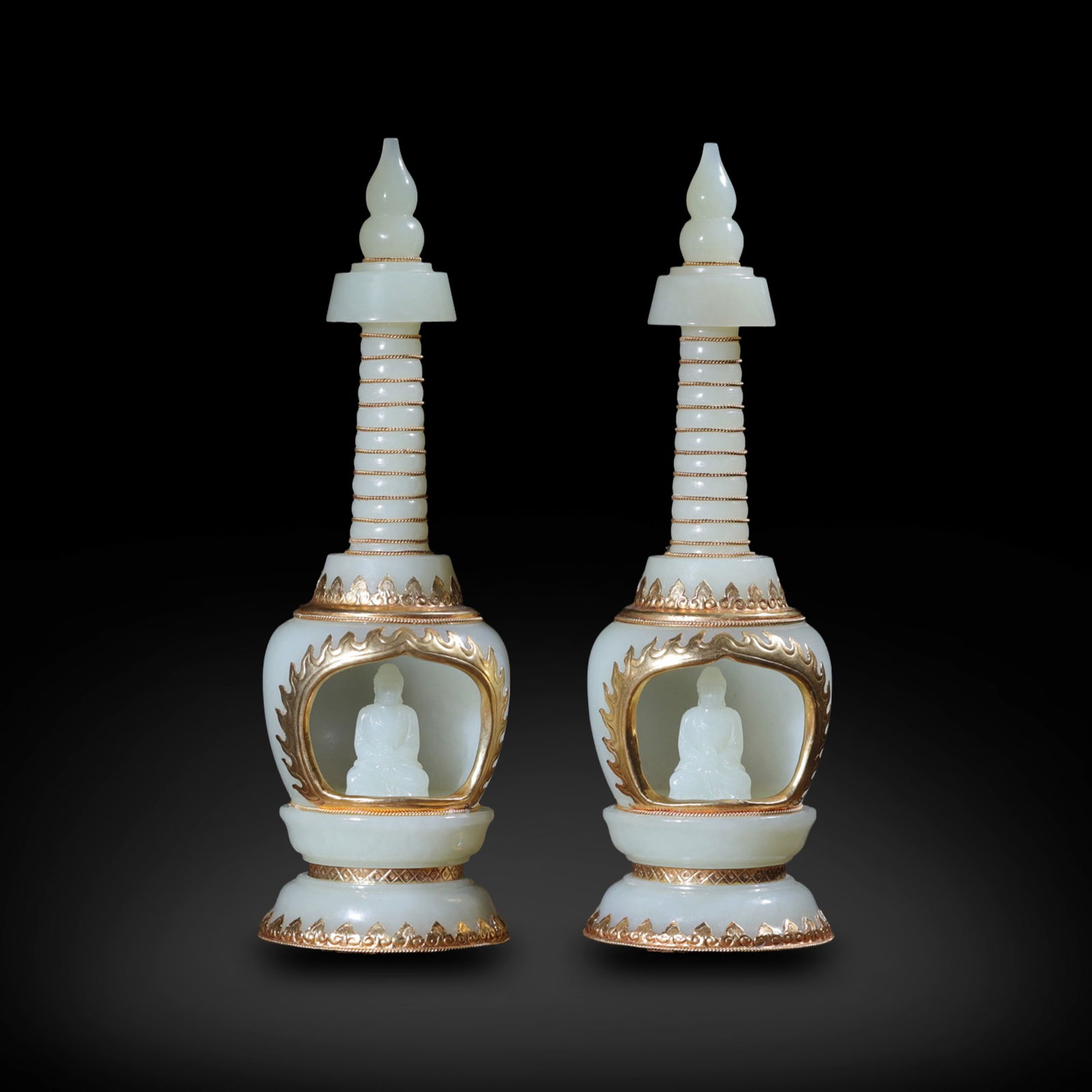 Qing Dynasty Silver-gilt white jade Buddhist stupa: Name Qing Dynasty Silver-gilt white jade Buddhist stupa Dimensions H:18cm W:5.4cm Condition Additional photographs and condition reports are available upon request as a courtesy to o