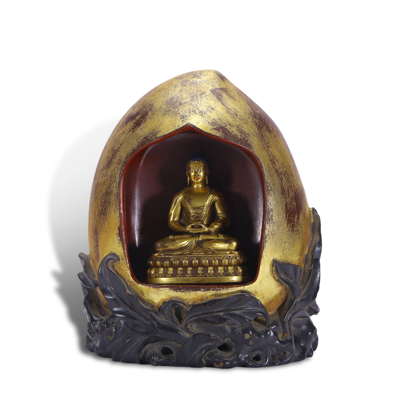 Qing Dynasty Gilt-bronze Sakyamuni Buddha statue with zitan wood peach-shaped Buddhist niche (1 of 9)