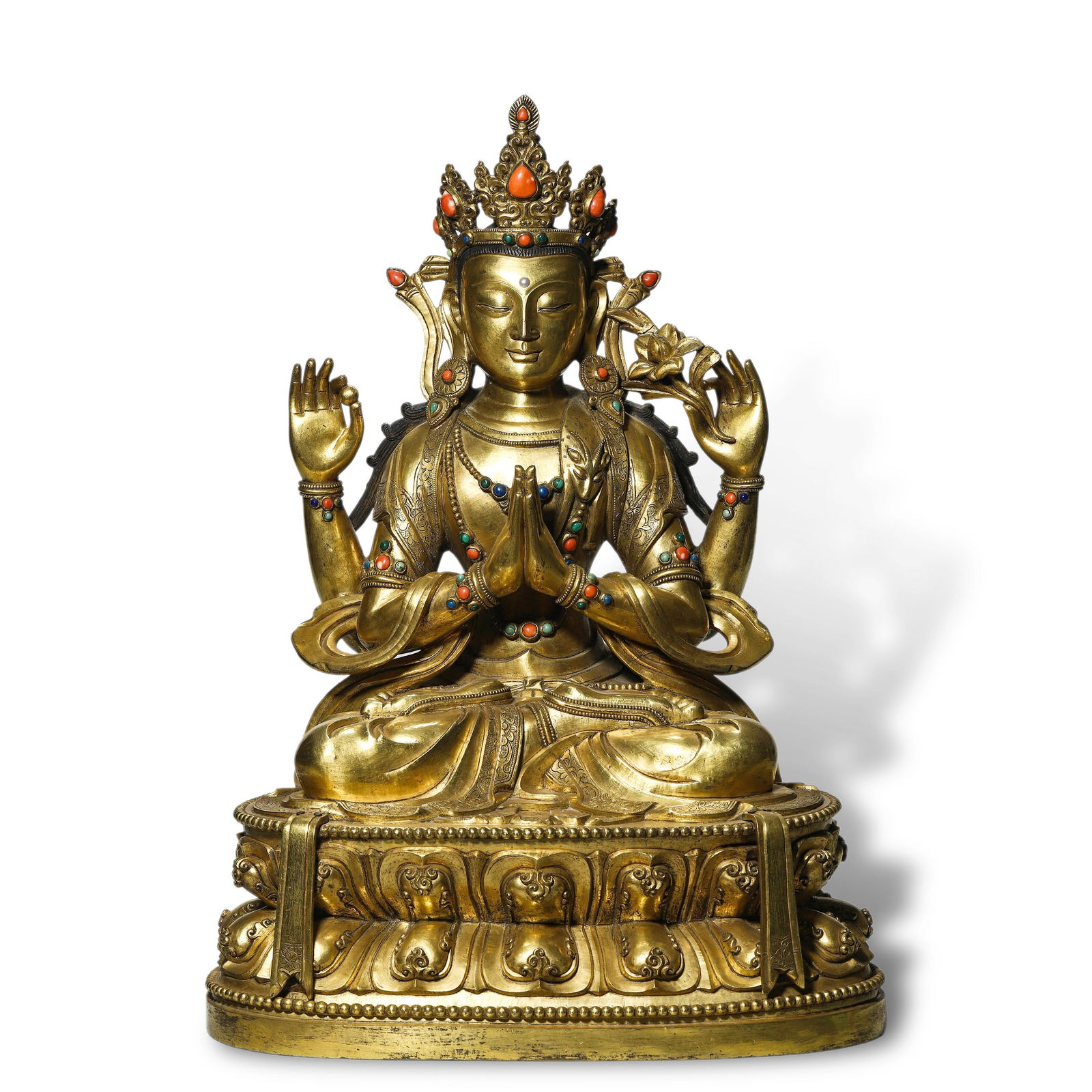 Ming Dynasty Gilt-bronze Four-Armed Guanyin statue: Name Ming Dynasty Gilt-bronze Four-Armed Guanyin statue Dimensions H:50cm W:35cm Condition Additional photographs and condition reports are available upon request as a courtesy to ou