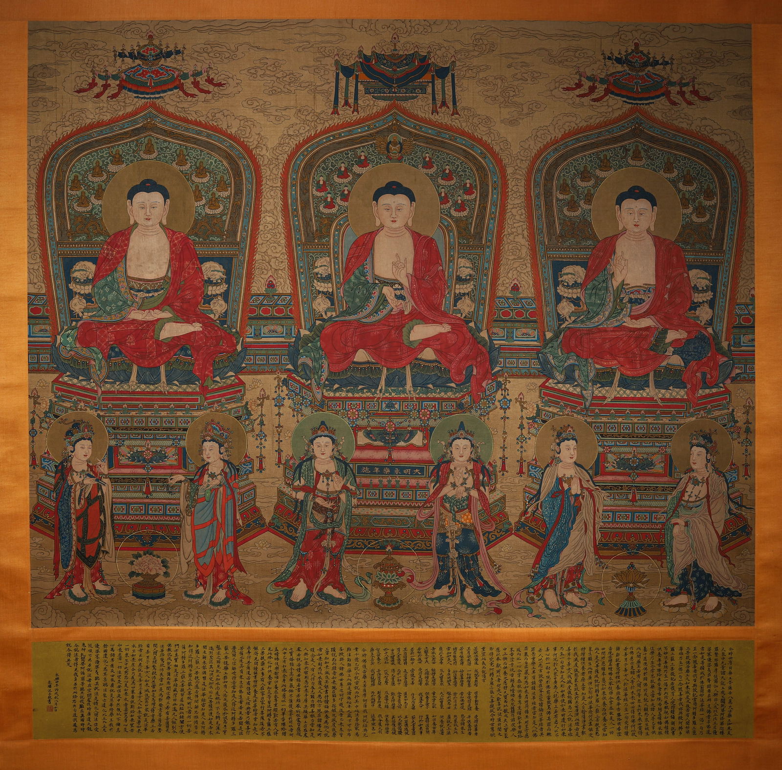 Ming Dynasty Yongle period, Thangka depicting the Three Buddhas (1 of 10)