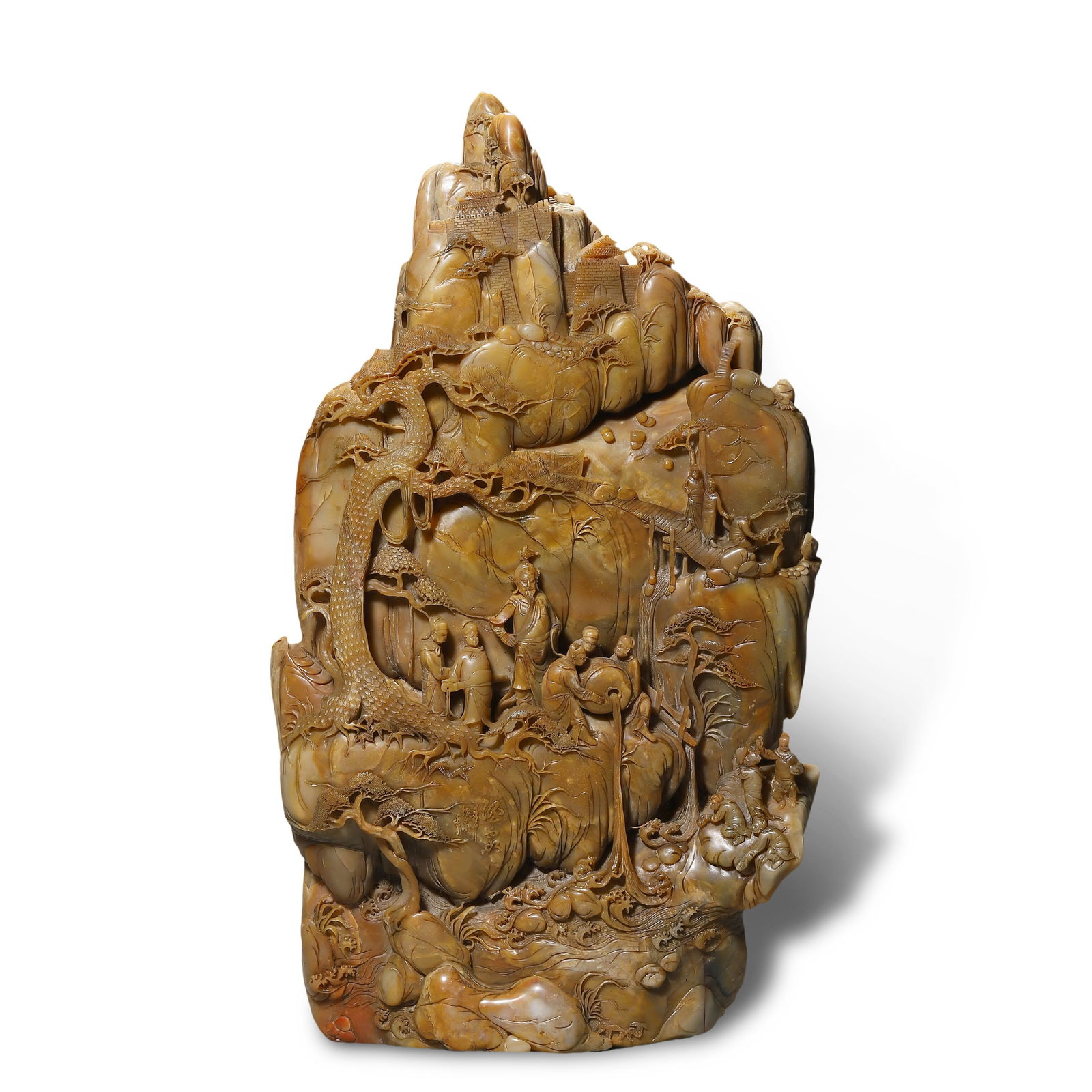 Qing Dynasty Shoushan stone boulder carved with landscape and figures, with a famous artist's mark (1 of 11)