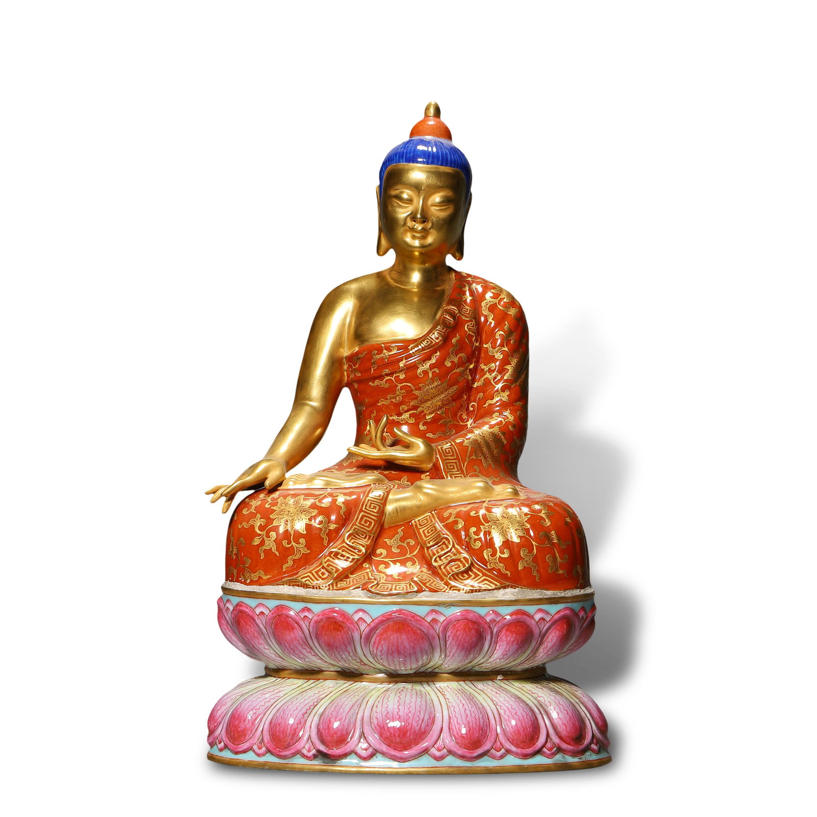 Qing Dynasty Famille rose seated Sakyamuni Buddha statue with coral red ground and gilding: Name Qing Dynasty Famille rose seated Sakyamuni Buddha statue with coral red ground and gilding Dimensions H:27.5cm Condition Additional photographs and condition reports are availab