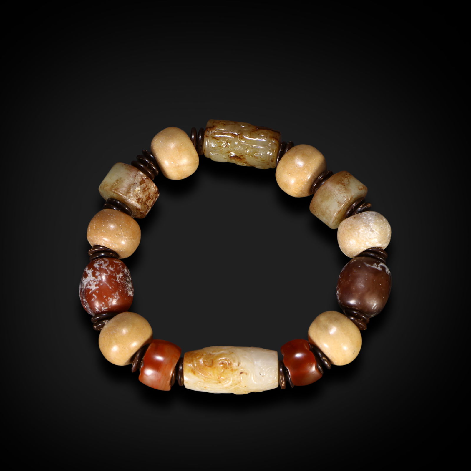 Han Dynasty or earlier A string of jade cylindrical pendants and jade beads mixed with precious (1 of 5)