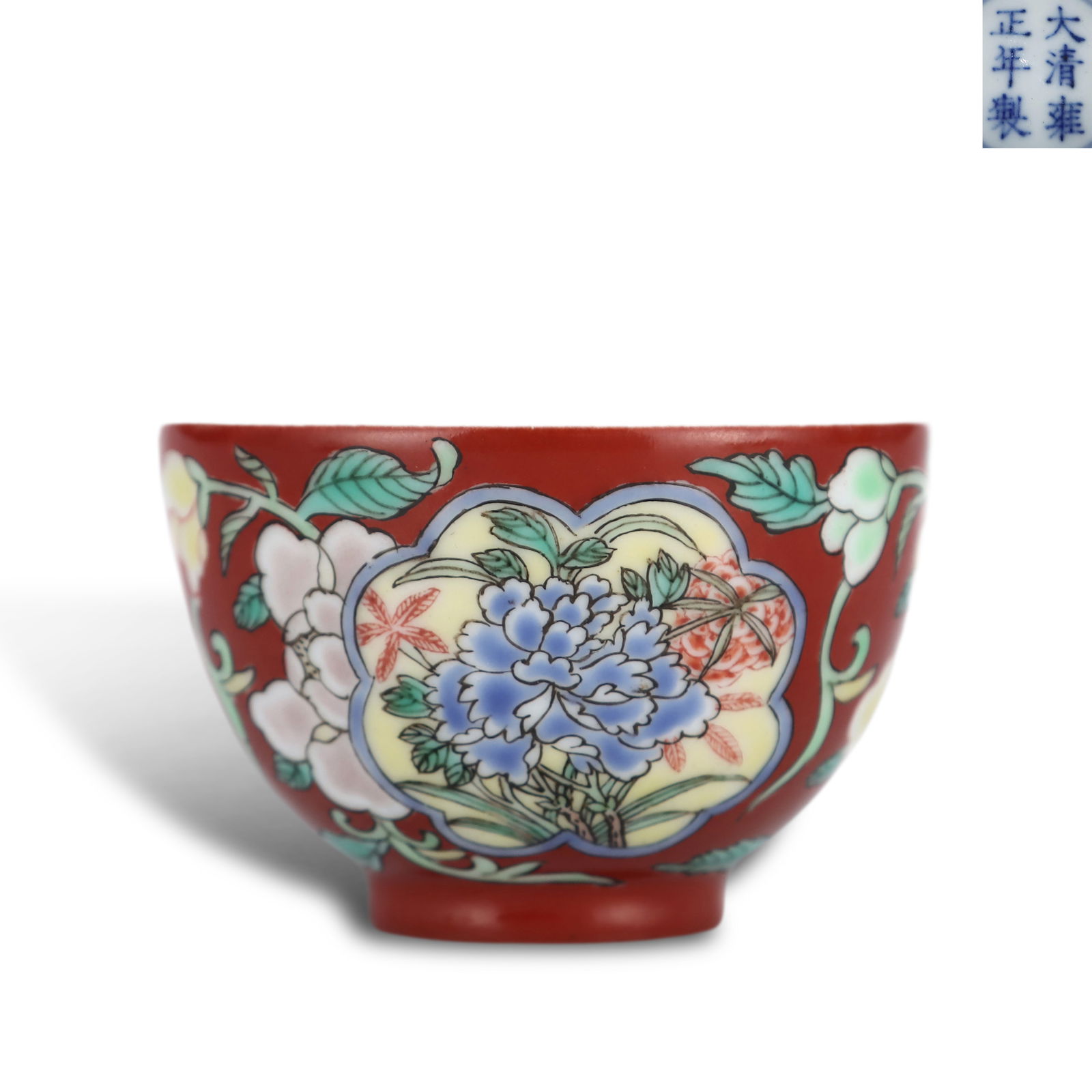 Qing Dynasty Yongzheng period, Coral red-ground foreign-color enameled tea cup with reserved floral (1 of 6)