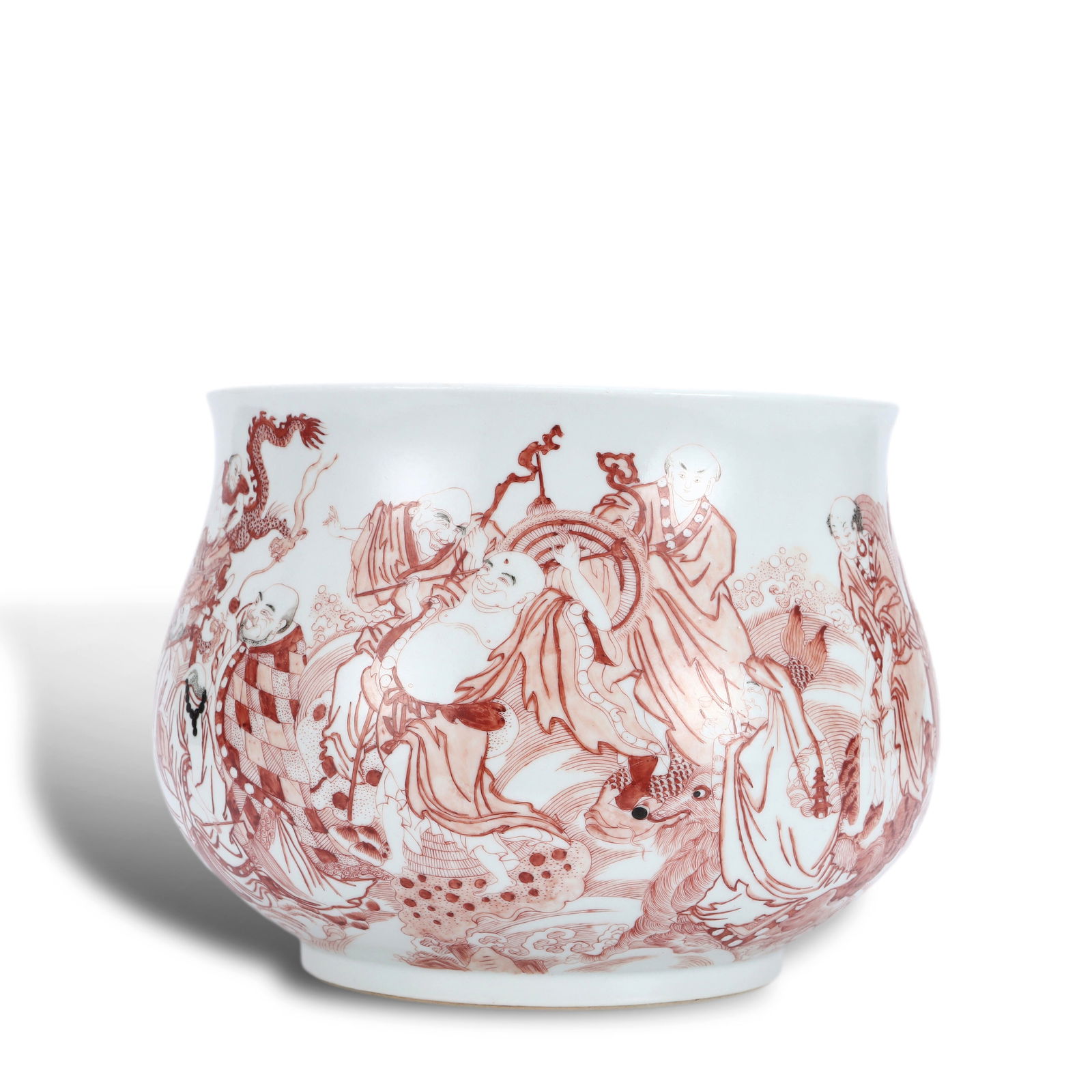 Qing Dynasty Kangxi period,Iron-red and ink-color arhat censer decorated with Eighteen Arhats (1 of 6)