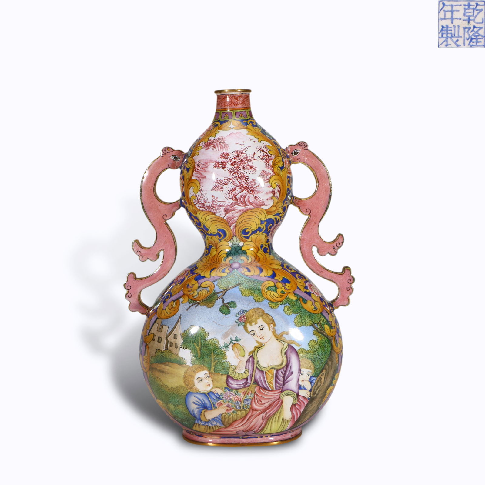Qing Dynasty Qianlong period, Enamel-on-copper double-ear double-gourd vase with Western figure (1 of 5)